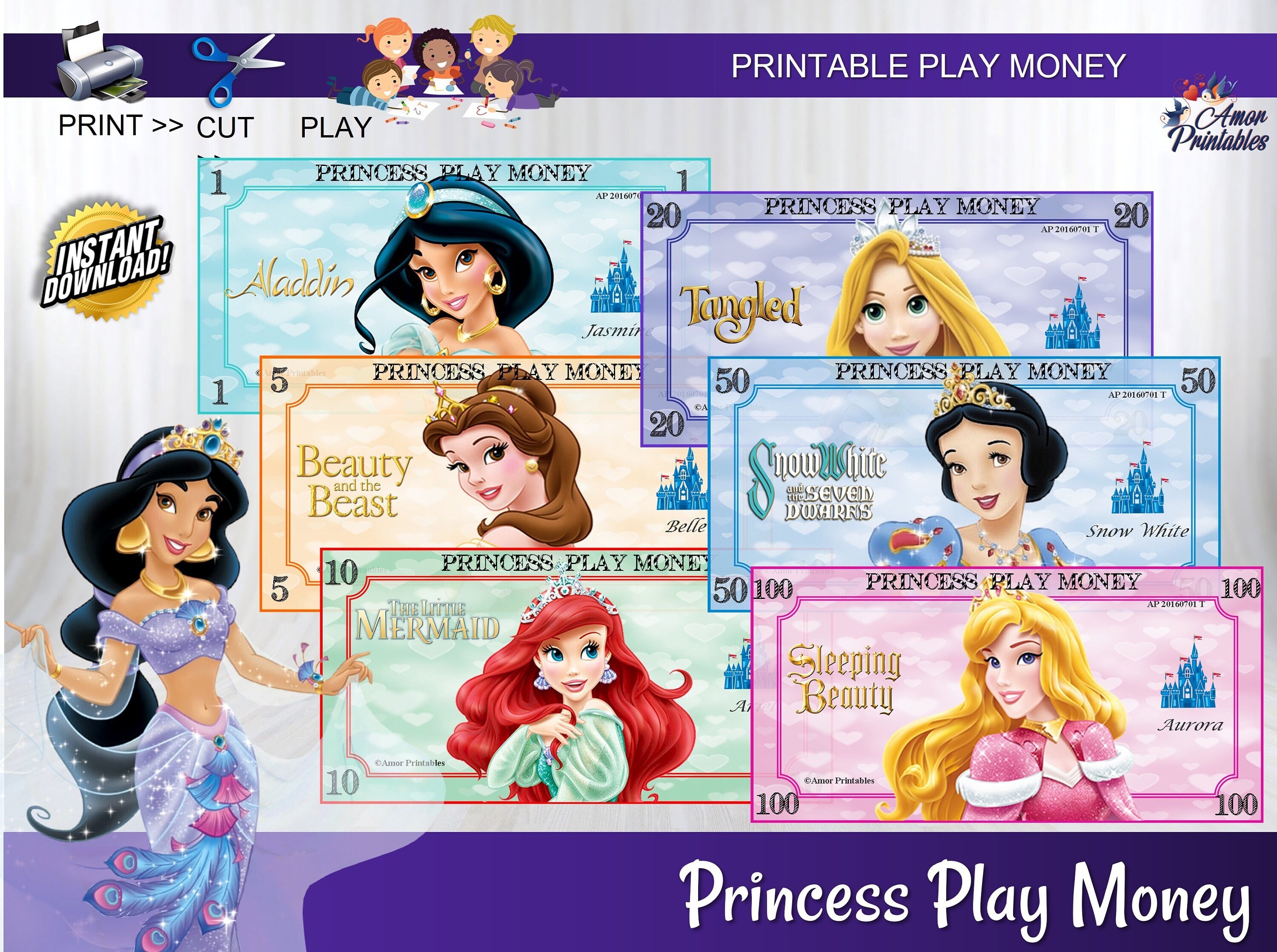 Princess Play Money Learning Money Rewards Money Pretend - Etsy