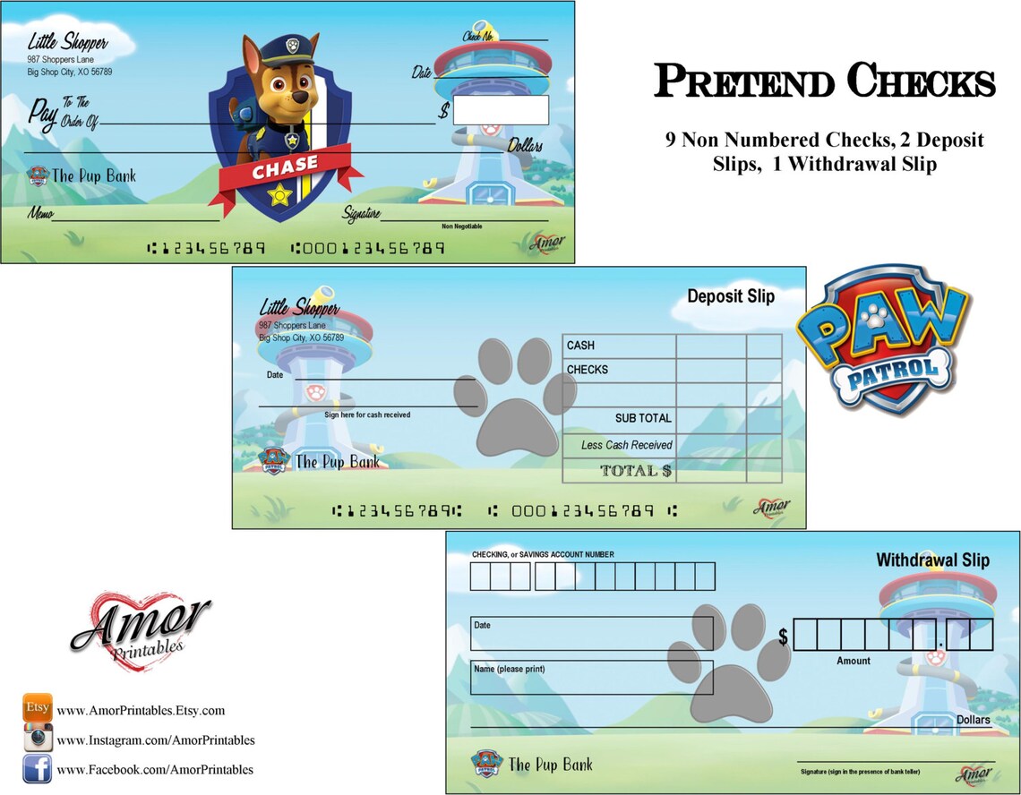 Paw Patrol Pretend Play Checks Play Money Paw Patrol | Etsy