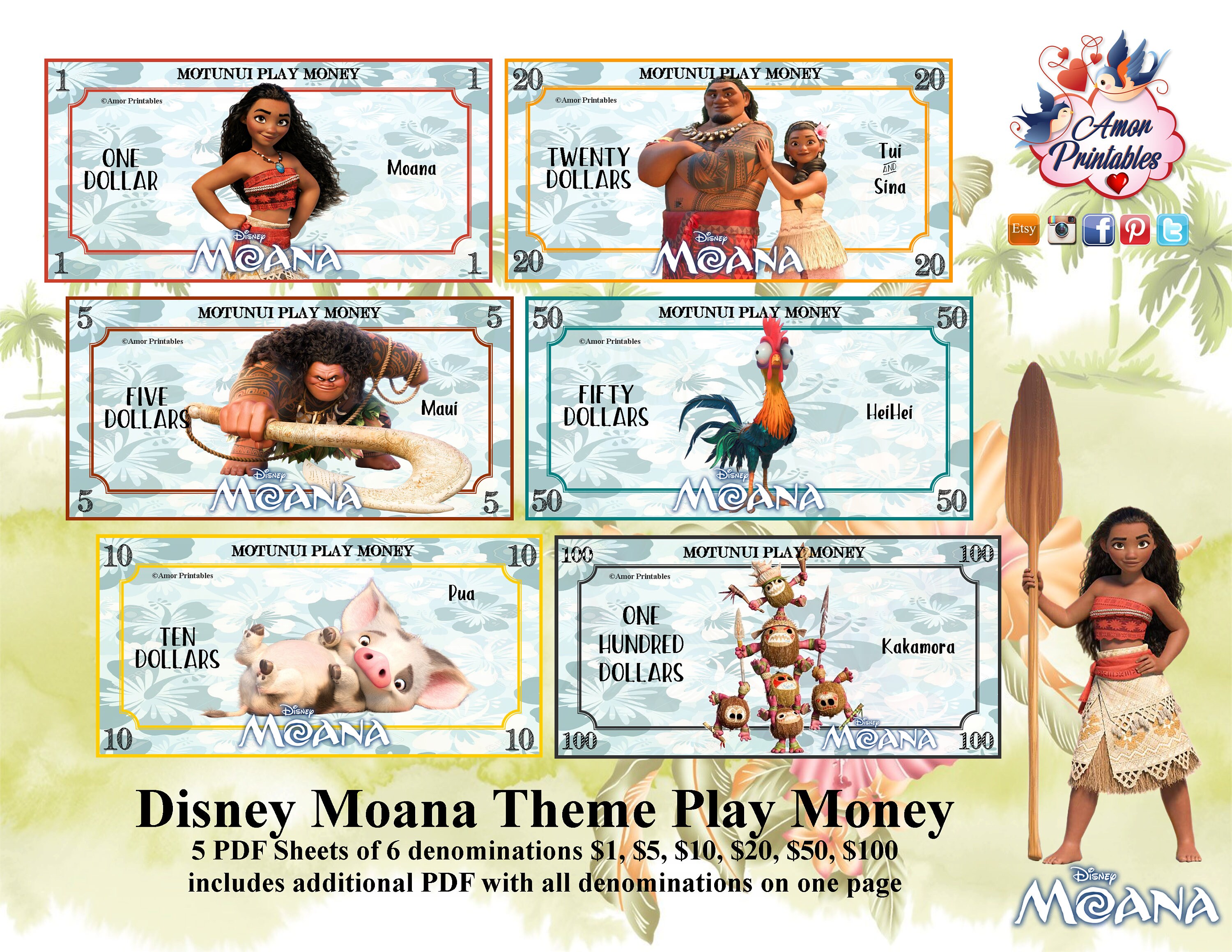 moana play money printable play money party printable etsy