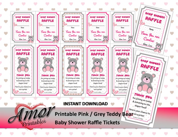 teddy bear baby shower raffle tickets pink grey borders etsy