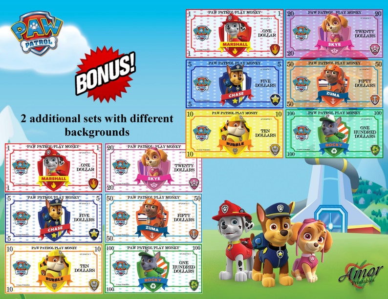play money paw patrol bundle printable games printables etsy