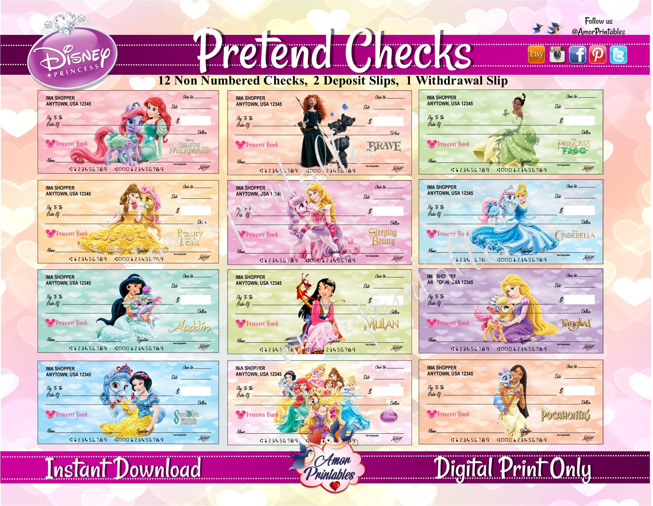Disney Princess Pretend Play Checks Disney Printables Party Etsy
