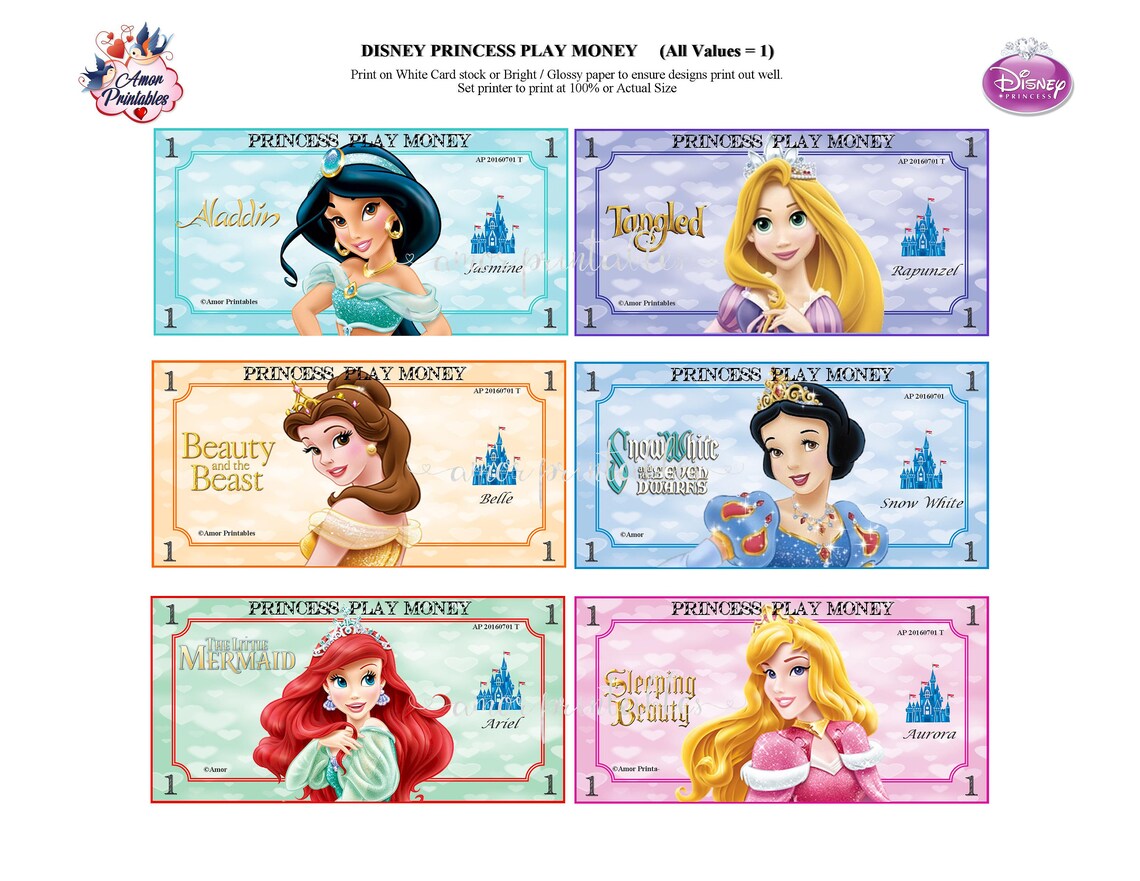 Disney Princess Play Money Party Printables Printable | Etsy