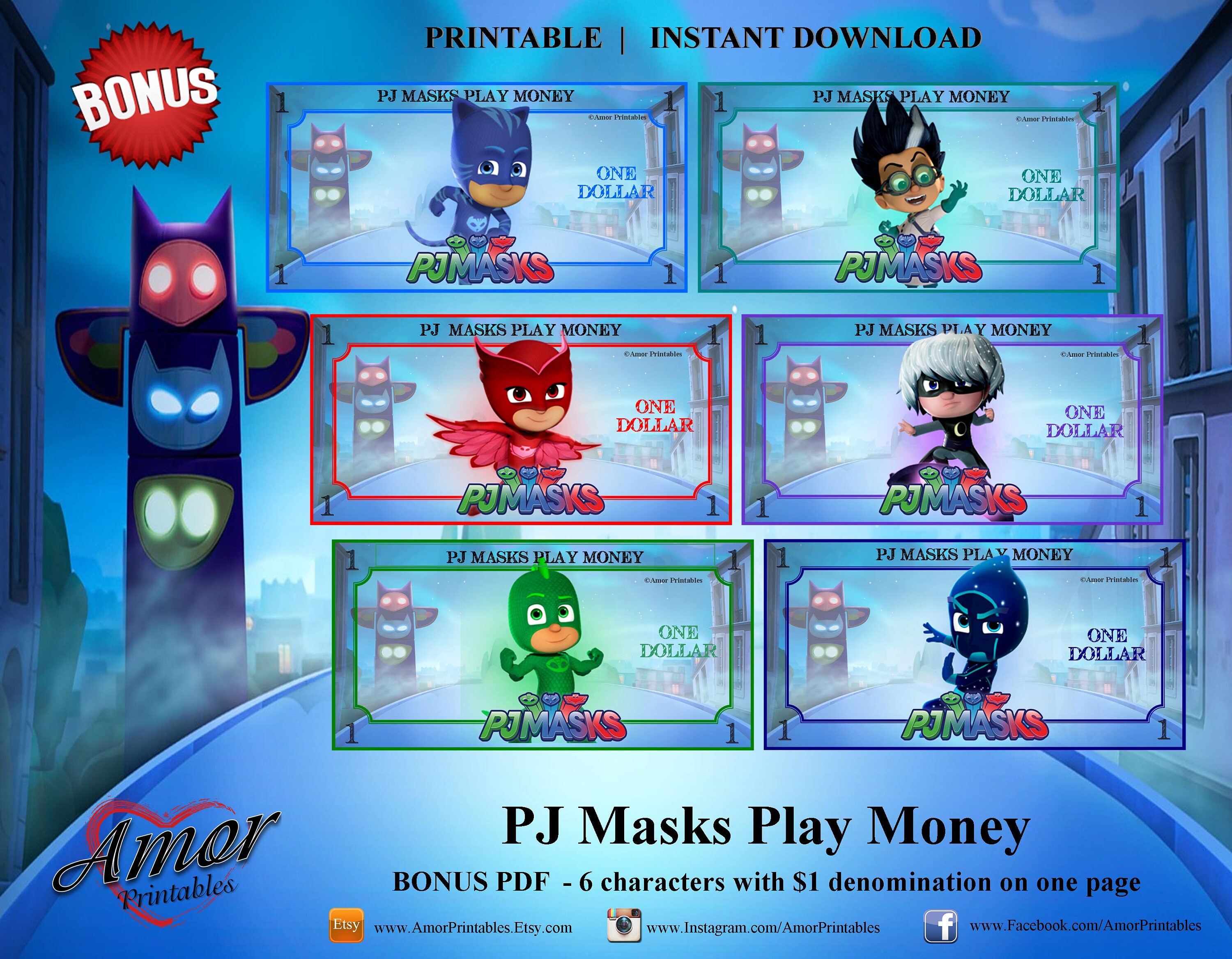 play money pj masks printable kids money pj masks party etsy