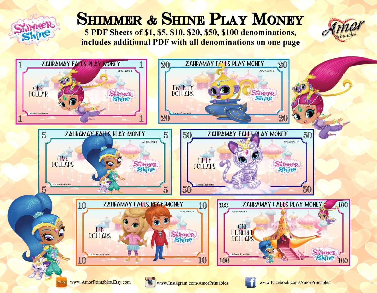 shimmer and shine play money party printables printable etsy