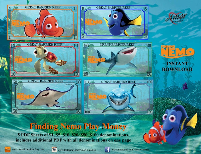 Finding Nemo Play Money | bonus Coloring Pages | Printable Play Money | Party Printables | Finding Nemo Printables | Learning Money 