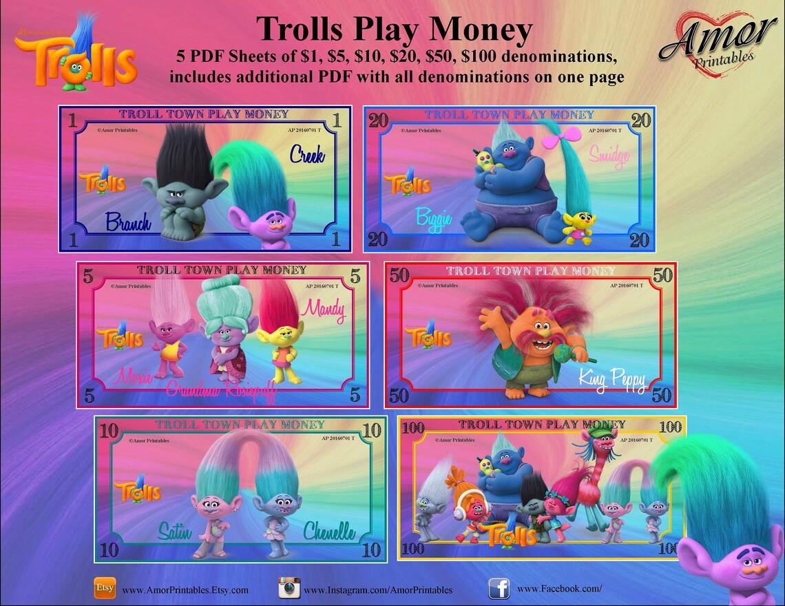 Trolls Play Money Bonus Bookmarks Printable Games Printable | Etsy