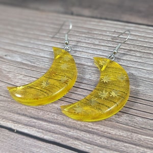Moon Earrings, Pot Leaf Earrings, Stoner Jewelry, Big Yellow Moon Earrings, Boho Jewelry, Sparkly Earrings, Celestial Jewelry, Glittery Moon