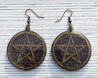 Pentagram Earrings, Boho Witchy Jewelry, Large Round Dangle Earrings, Pentacle Jewelry, Gothic Jewelry Earrings