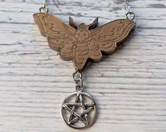 Bronze Death Moth Pendant Necklace, Pentagram Charm Moth Pendant, Inset Jewelry, Boho Gemstone Necklace, Witchy Gift