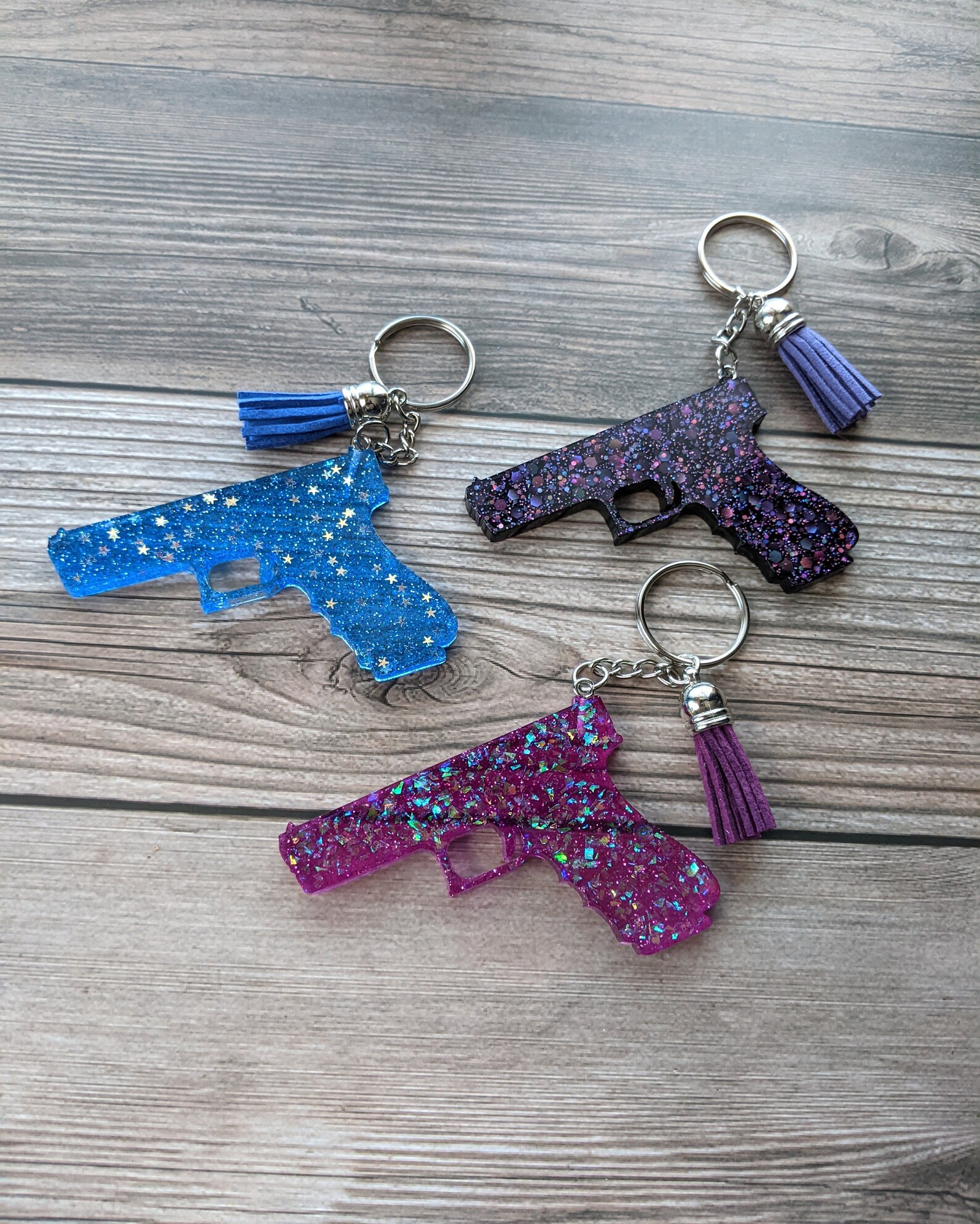 Colorful Gun Keychain, Gun Purse Accessory, Glittery Gun, Gift for Her, Gothic Keyring, Resin