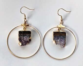 Pendientes de aro de piedra preciosa de cristal crudo, pendientes de flourita, pendientes de aro de oro, pendientes de boho, joyas de piedras preciosas de cristal, regalo para ella