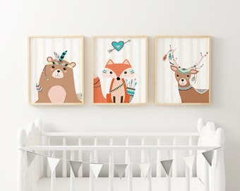 Set of 3 din A3 prints forest Friends BOHO forest animals Children's room pictures bear Fox Deer Indians