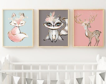 Set of 3 DIN A4 Prints BOHO GLITZER Girls Fox Raccoon Deer Forest Animals