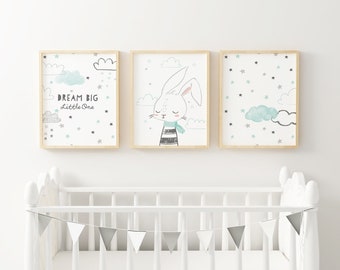 Lot de 3 impressions DIN A4 DREAM BIG Rabbit Clouds turquoise