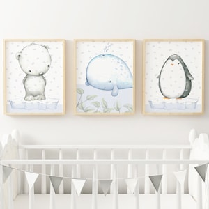 Conjunto de 3 láminas DIN A4 ÁRTICO ÁRTICO oso polar ballena pingüino cuadros habitación infantil