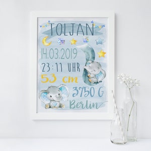 Birth picture / name picture / birth announcement (gift, baptism) ELEPHANT Watercolor