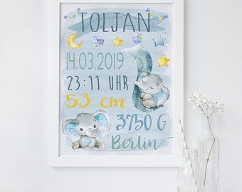 Birth Picture/Name/Birth display (Gift, Baptism) ELEFANT Watercolor