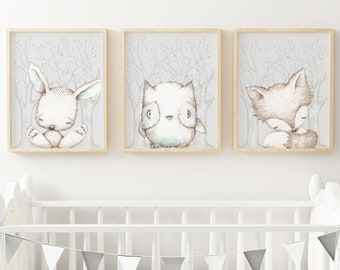 Set of 3 din A4 prints WATERCOLOR Forest Animals Bunny Owl Fox Sleeper