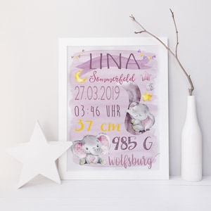 Birth picture / name picture / birth announcement (gift, baptism) ELEPHANT Watercolor PURPLE