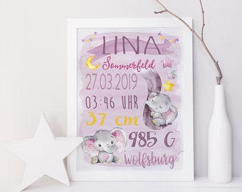 Birth Picture / Name Image / Birth Announcement (Gift, Baptism) ELEFANT Watercolor LILA