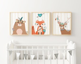 3er Set DIN A4 Drucke BOHO TIERE Kinderzimmer Bär Fuchs Hirsch Waldtiere