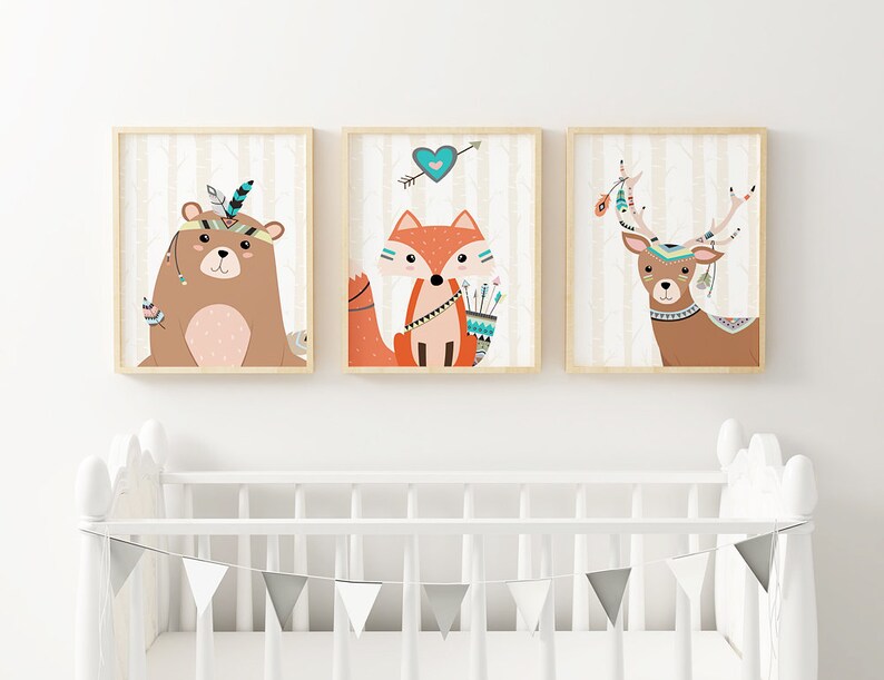 3er Set Bär Leinwandbilder 30x40cm - Teddybär Kinderzimmer Dekor | Grün Poster Ohne Rahmen