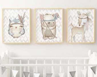 Set of 3 din A4 prints WATERCOLOR BOHO forest Animals owl bear and roe deer