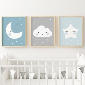 Set of 3 DIN A4 Print STERN WOLKE Moon Nursery PicturesBoys Blue