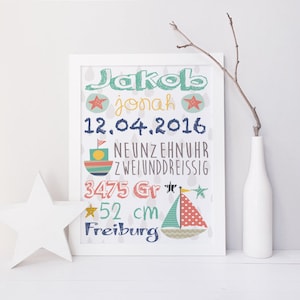 Birth picture/Name picture/birth Announcement gift, baptism Maritim Boat ahoy image 1