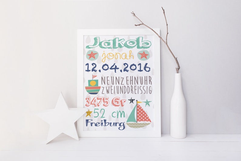 Birth picture/Name picture/birth Announcement gift, baptism Maritim Boat ahoy image 1