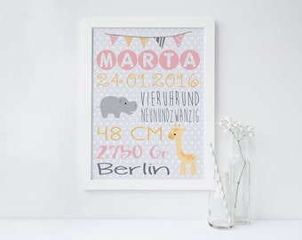 Birth picture/Name picture/birth Announcement (gift, baptism) Girl Pink giraffe Hippo