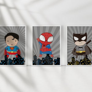 Set de 3 impresiones DIN A4 / A3 Superhéroes Superhéroes Niños pequeños