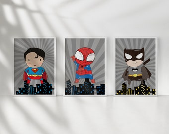 Set de 3 DIN A4 / A3 Prints Superheroes Superheroes Young Children