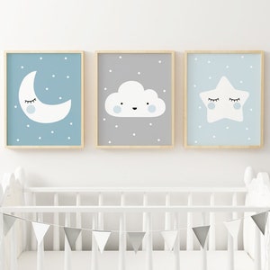 Set of 3 DIN A3 Print STERN WOLKE Moon Nursery PicturesBoys Blue