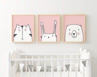 Set of 3 din A4 prints minimal Animals pink children's room pictures