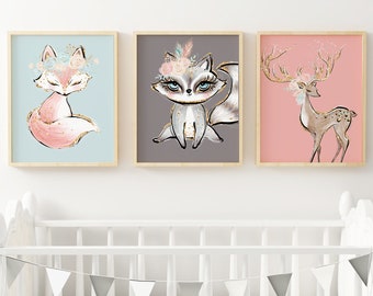 Set of 3 DIN A3 Prints BOHO GLITZER Girls Fox Raccoon Deer Forest Animals