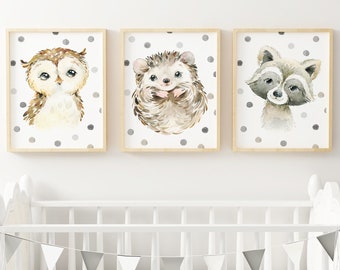 3 Set A4 Prints WATERCOLOR Forest ANIMALS Owl Igel Badger WOODLAND