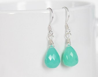 Teal Earrings - Gemstone Earrings - Chrysoprase Chalcedony Earrings - Tear Drop Earrings - Gift For Her - Wedding Earrings