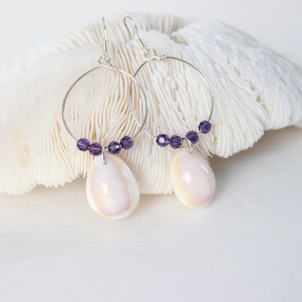 Seashell Earrings - Purple Hoop Earrings - Cowry Shell Earrings - Hawaiian Seashell Earrings - Beach Jewelry