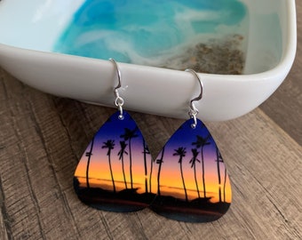Sunset Earrings - Photo Earrings - Palm Tree Earrings - Beach Earrings - Beach Photo Earrings - Photo Jewelry - Sunset Jewelry - Hawaii