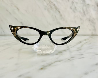 Unused Vintage Cat Eyes Dark Olive Green With Gold Accents