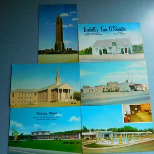 Lot de 6 cartes postales vintage de l'État de New York représentant des motels, des restaurants, une église et un château d'eau en très bon état vintage