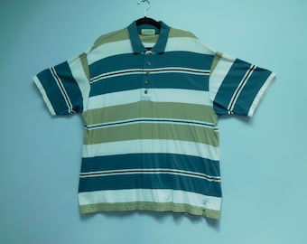 Vintage Green, Tan and Brown Horizontal Stripes Short Sleeve Men's Shirt By St. John's Bay Made in USA Size L In Very Good Vintage Condition