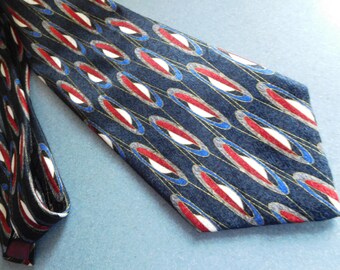 Vintage Italian Silk Tie: Blue Red White Elliptical Pattern