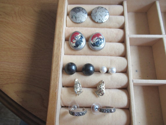 Vintage Set Of 6 Pairs Pierced Silver-Tone Earrin… - image 1