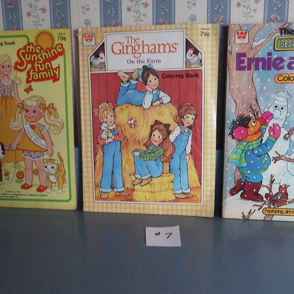 Vintage Set Of 3 Coloring Books From 1979: "Sunshine Family", "Bert & Ernie", "The Ginghams On The Farm" All Partially Used V Good Condition