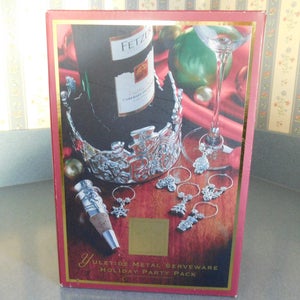 Lenox Yuletide Metal Serveware Holiday Party Pack Wine Caddy, Wine Stopper, and Six Wine Charms, Never Used
