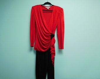 Vintage 1980's Red and Black New Year's Eve/Dress Up Event One-Piece Outfit Very Sexy and Comfortable To Wear In Very Good Vintage Condition