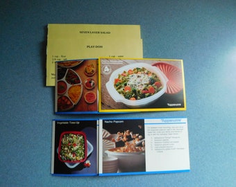 Vintage Tupperware Recipe Cards 4 On Cards, 2 On Paper Pasta Primavera, Play-Doh, 7 Layer Salad, Nacho Popcorn, Vegetable Toss-Up, Pizza